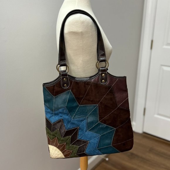 Route 66 Boho Faux Leather/Suede Patchwork Hobo Tote Bag - Picture 2 of 10